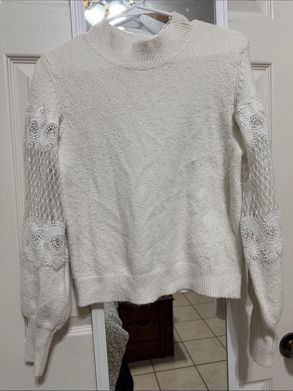 Cream Lace-Panel Turtleneck Sweater - Women's Soft Knit Pullover